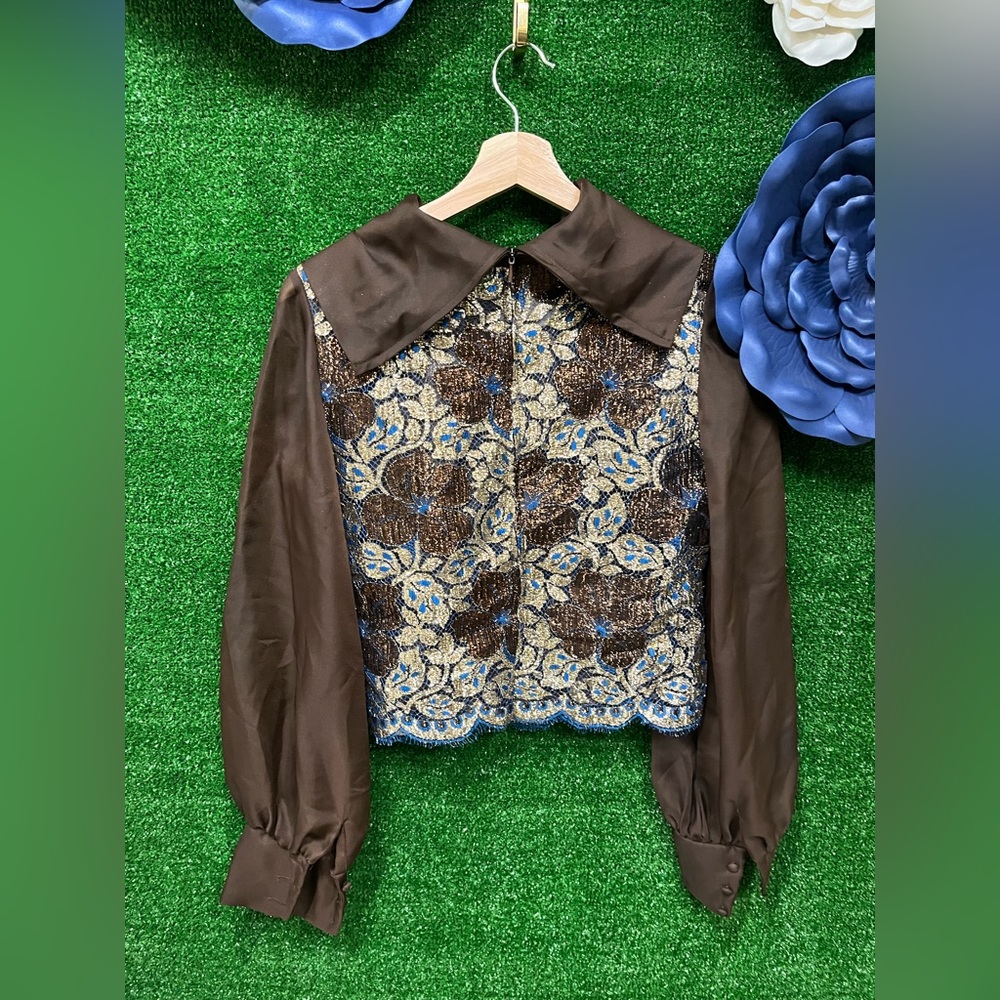 Vintage Tru Blouse brown and blue sheer lace long sleeve top fits like a small